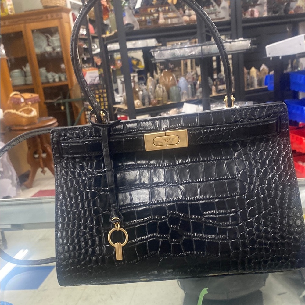 Lee Radziwill Black Crocodile-Embossed Handbag